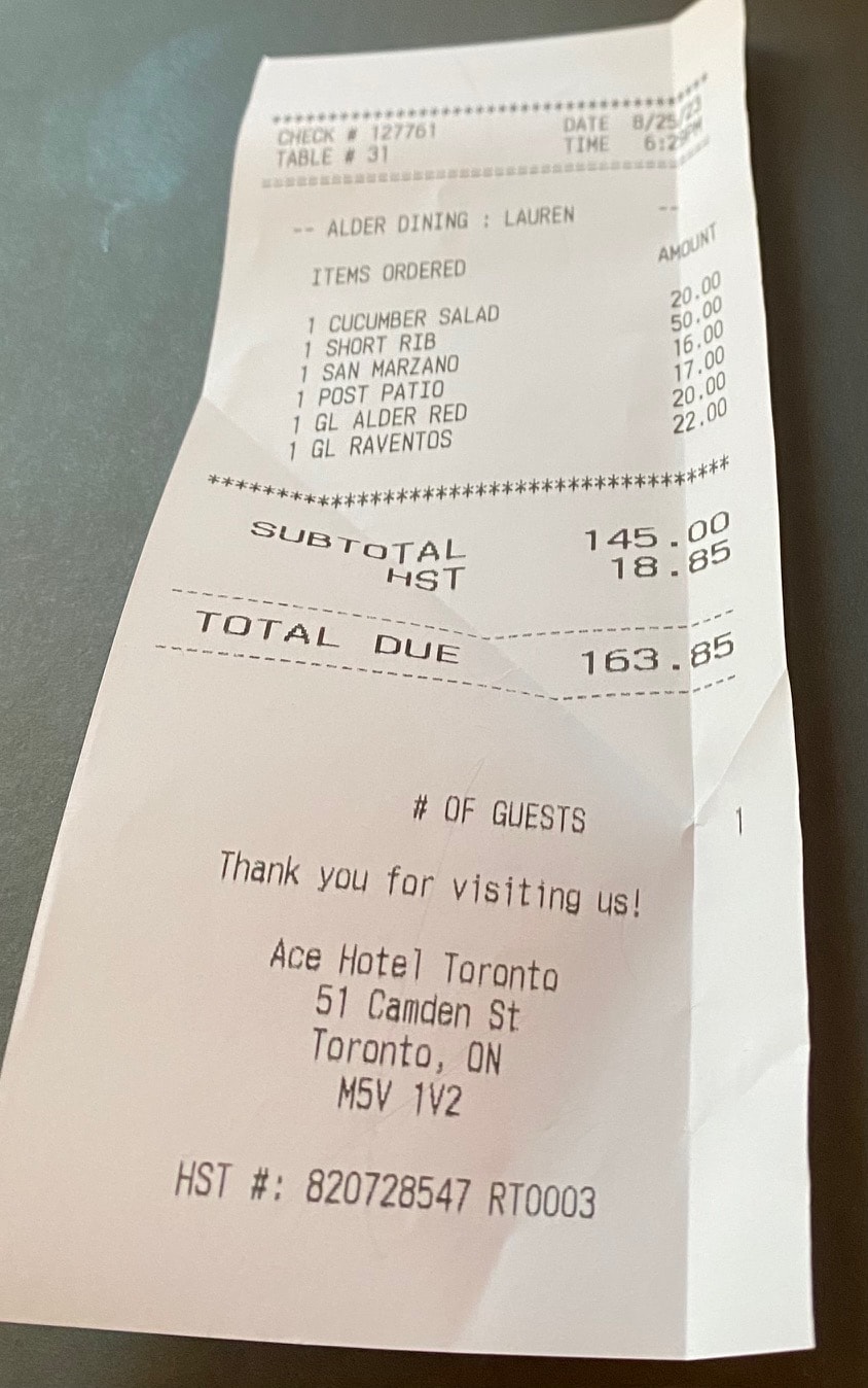 The bill at Alder Toronto