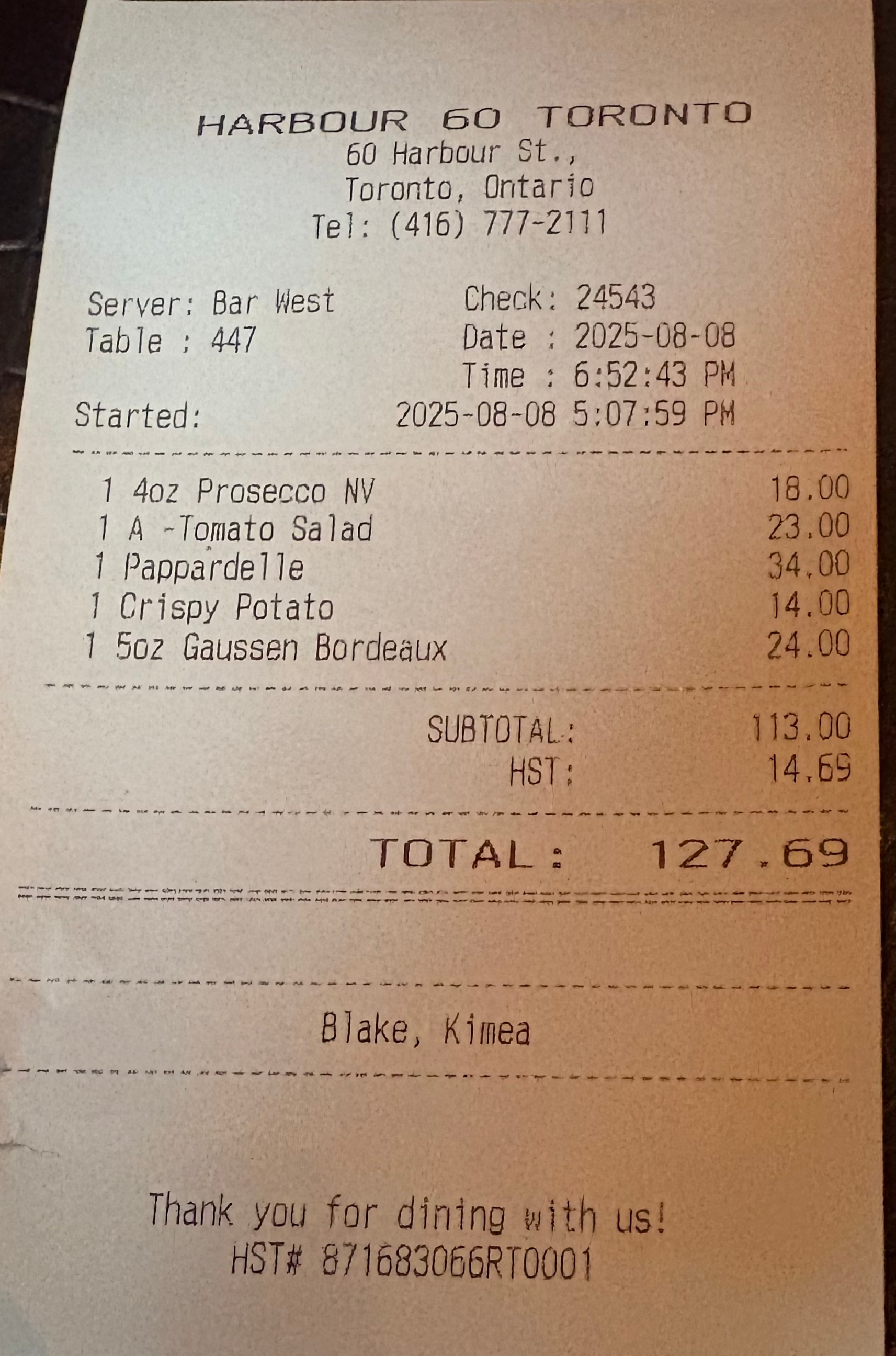 The bill at Arianna