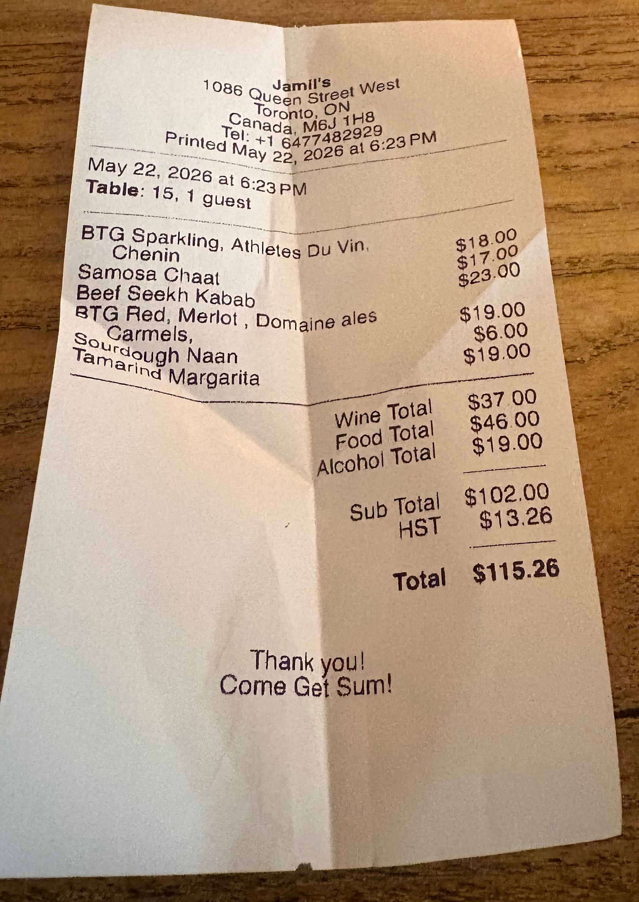 The bill at Jamil's Chaat House