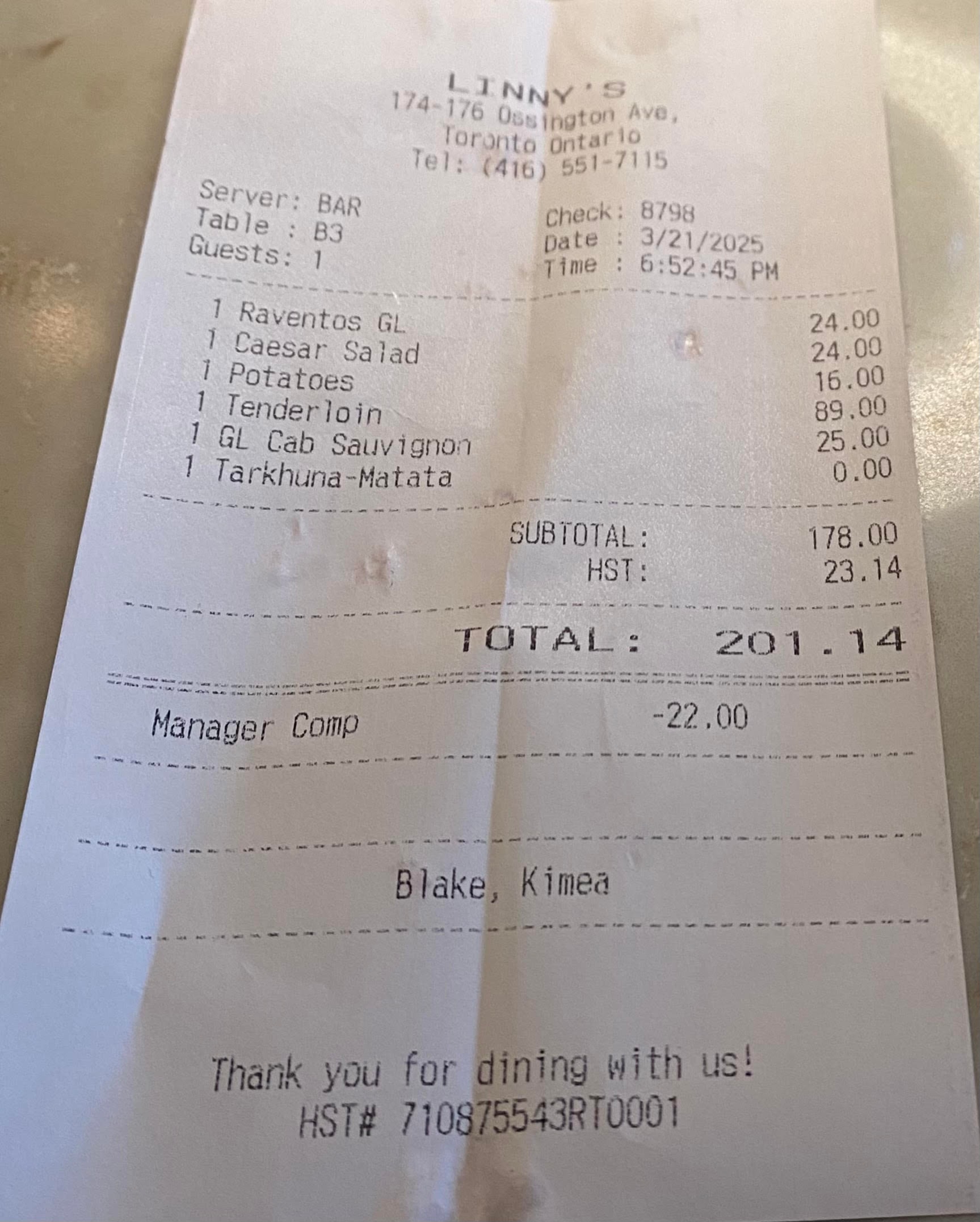 The bill at Linny's