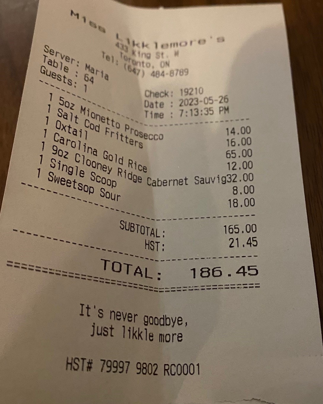 The bill at Miss Likklemore's