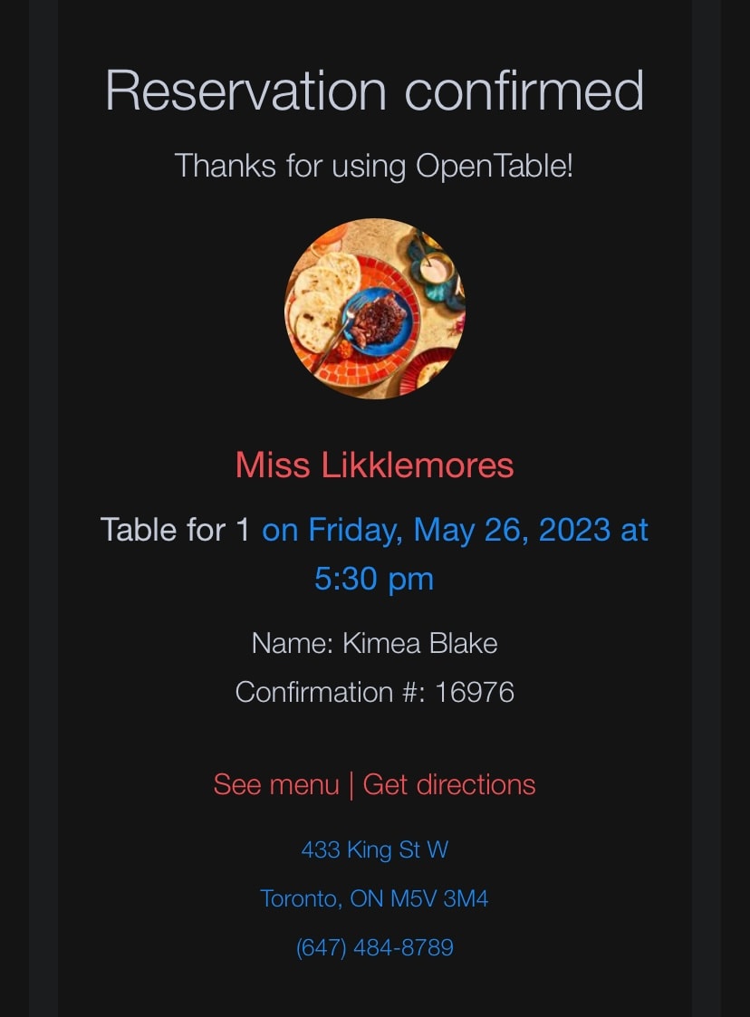A reservation confirmation for Miss Likklemore's