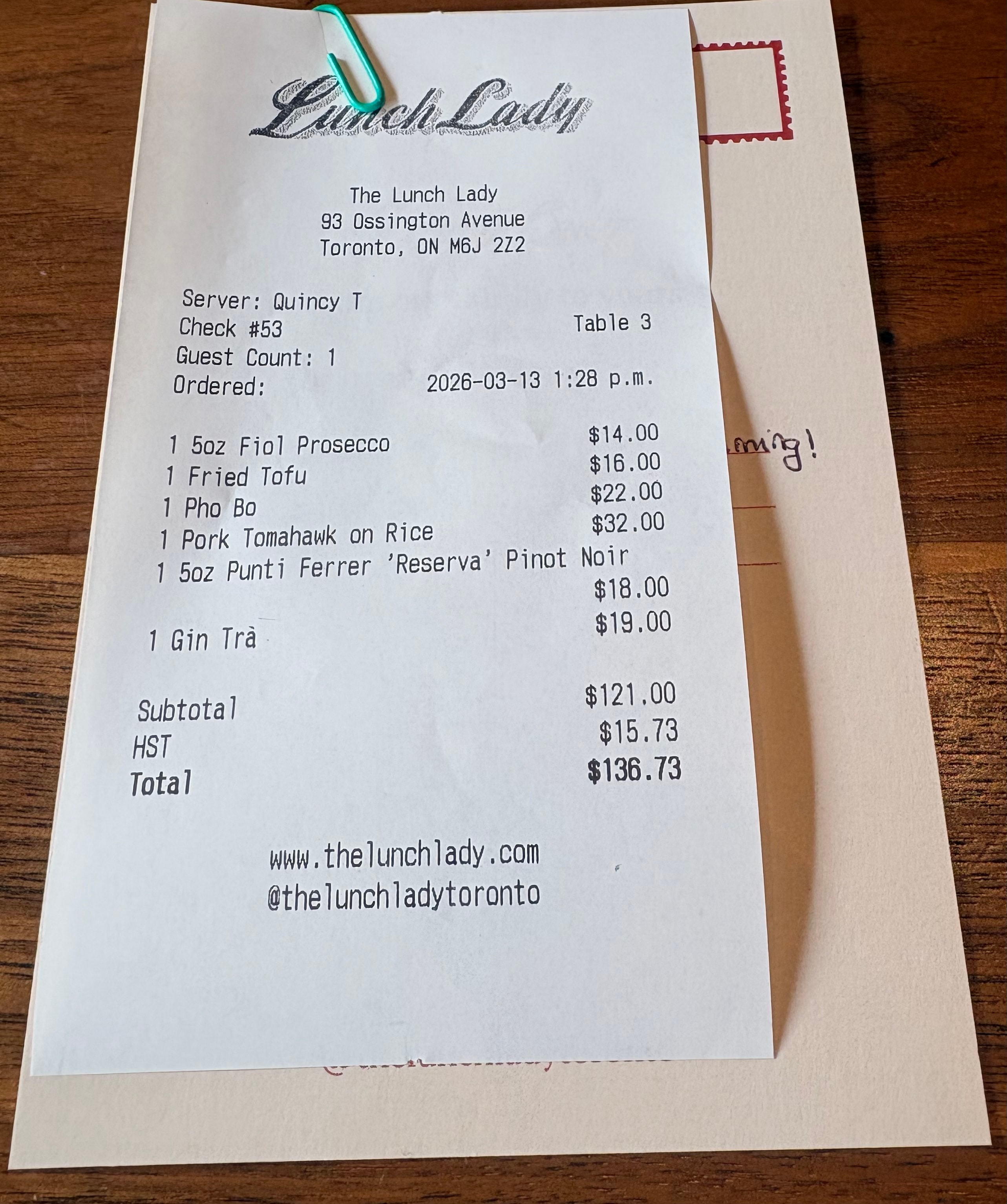 The bill at The Lunch Lady