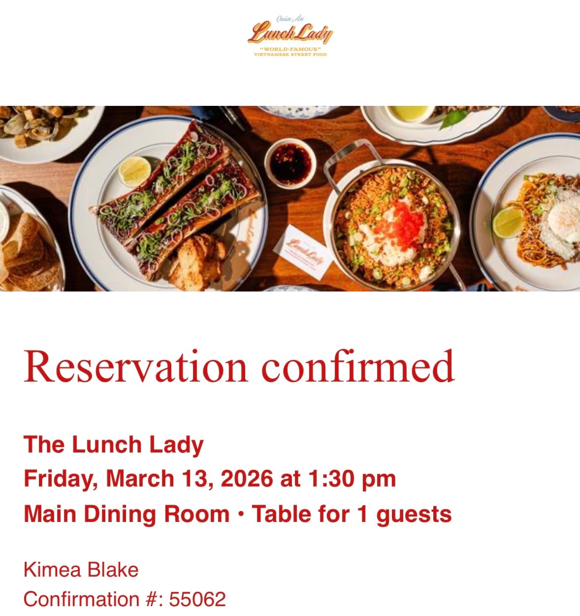 Reservation confirmation for The Lunch Lady