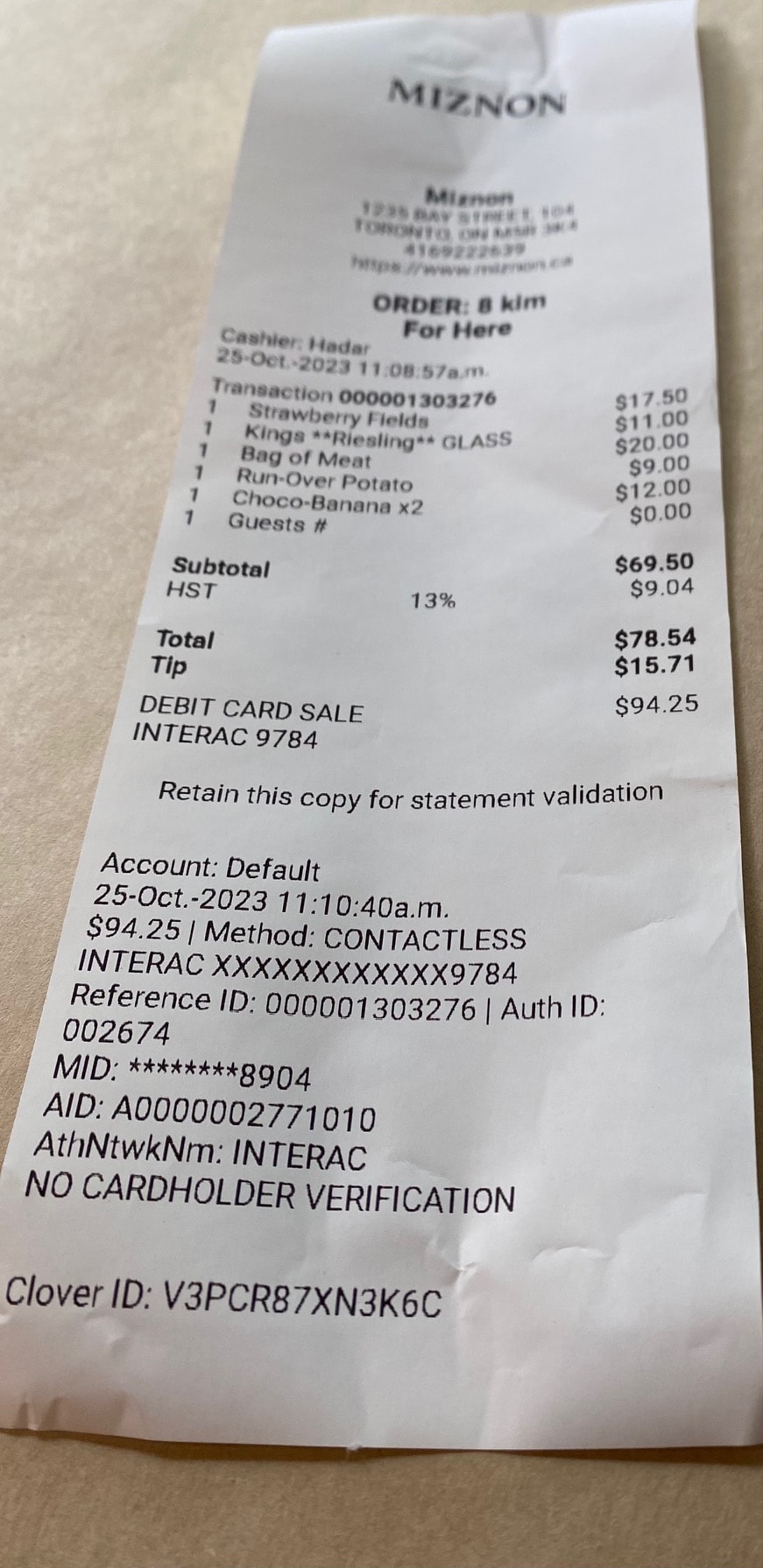 The bill at Miznon Toronto