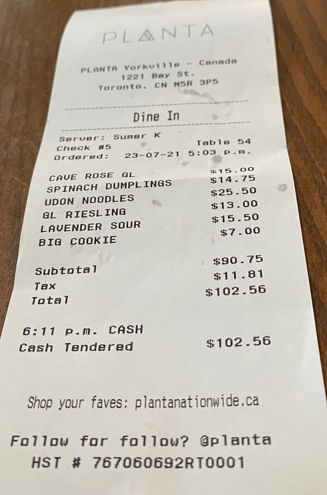 The bill at Planta Toronto