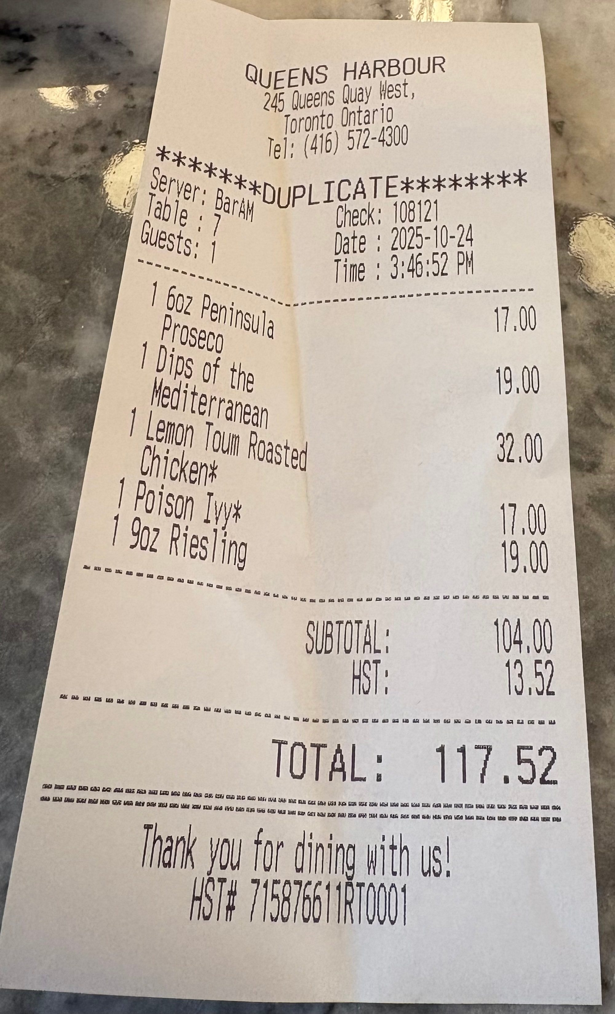 The bill at Queens Harbour
