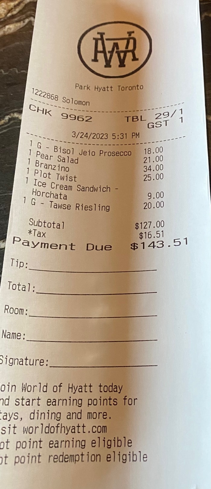 The bill at Writers Room