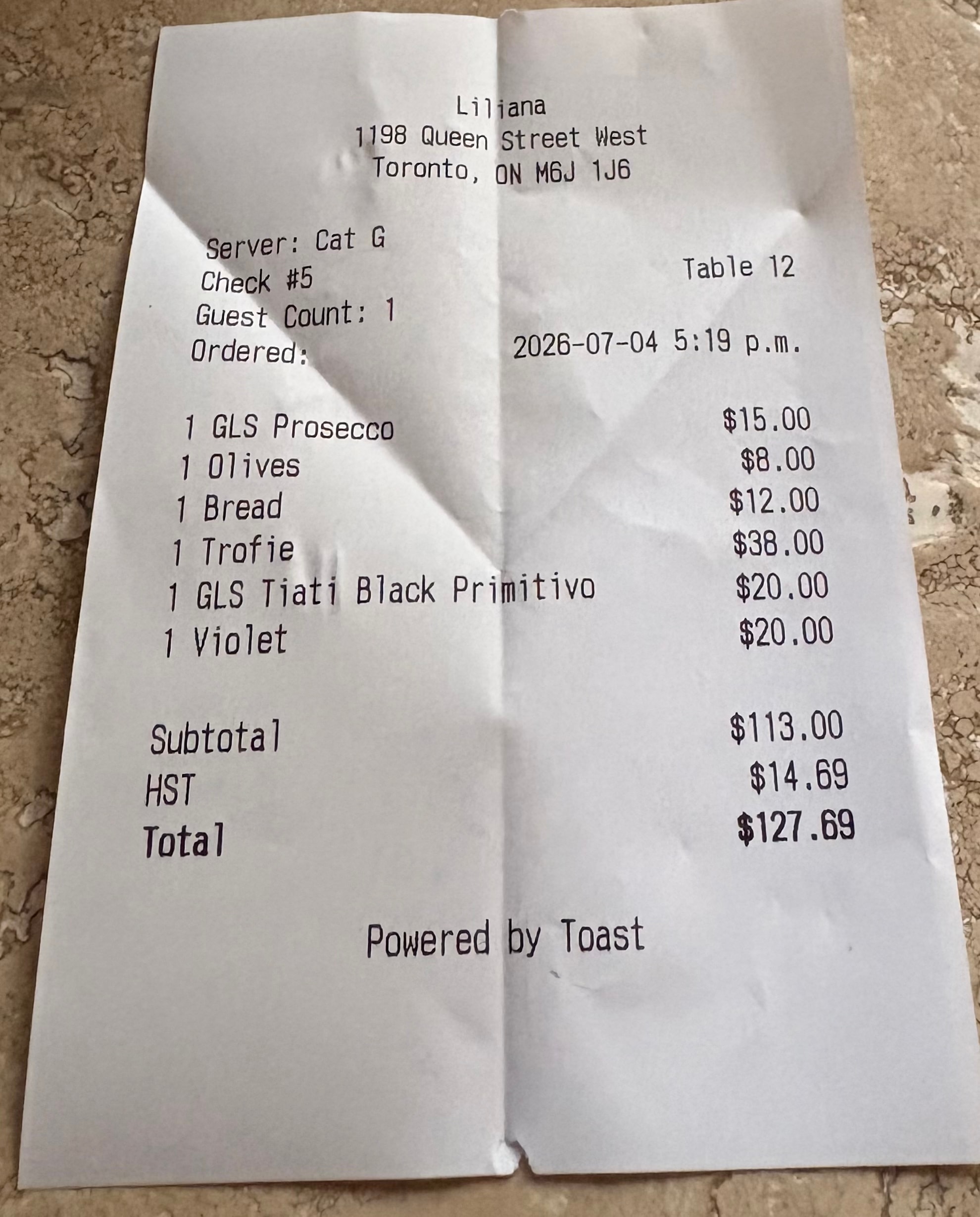The bill at Liliana